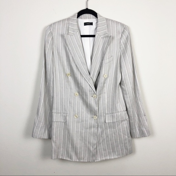 Theory Linen Pinstripe Striped Double Breasted Blazer in Grey Multi Casual Work - Picture 2 of 6